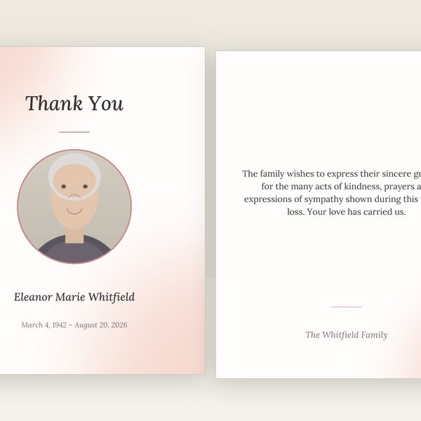 Blush Watercolor funeral thank you card template
