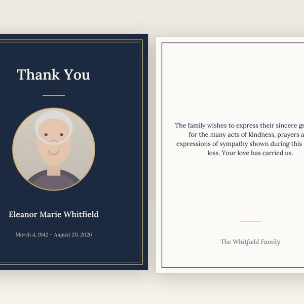 Navy & Gold funeral thank you card